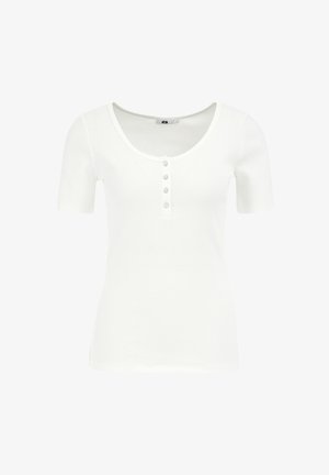 Weißes T-Shirt mit kurzen Ärmeln, Rundhalsausschnitt, geripptem Muster und fünf Knöpfen an der Vorderseite. Einfaches und körperbetontes Design.