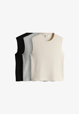 Drei ärmellose Pullover in Creme, Grau und Schwarz. Jeder hat einen gerippten Hals- und Saumabschluss und besteht aus weichem Strickmaterial.