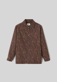 Veste-shirt marron avec un motif de feuilles, dotée d'une fermeture à boutons, d'un col et de manches longues. Fabriquée dans un tissu texturé.