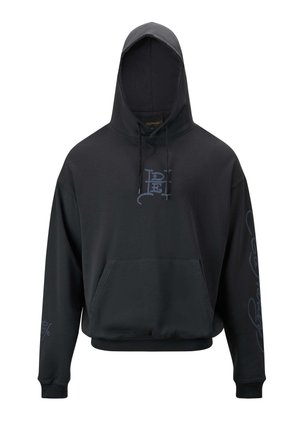 Zwarte hoodie gemaakt van een katoenmix, met een voorkantzak, ribgebreide manchetten en polsgraphics in een lichtere tint.