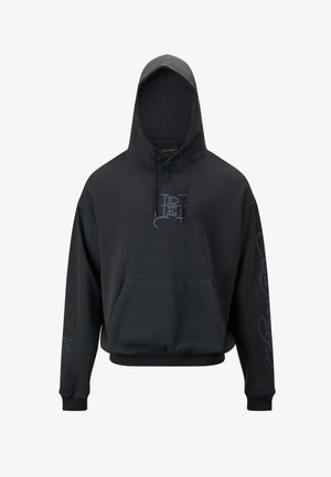 Sudadera con capucha negra de algodón, que presenta un bolsillo delantero, puños acanalados y gráficos en las muñecas en un tono más claro.