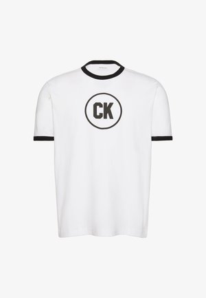 White short-sleeve T-shirt with black collar and sleeve edges, featuring a black "CK" logo inside a circle on the chest.
