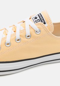 Žluté plátěné tenisky s bílými tkaničkami, stříbrnými očky a černým pruhem podél podrážky. Obsahují černobílou logo nášivku na jazyku.