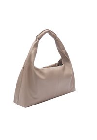 Beżowa skórzana torba na ramię o miękkim, zaokrąglonym kształcie, z pojedynczym skręconym uchwytem i subtelnymi detalami przeszycia wzdłuż torby.