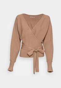 Wrap-style sweater in a light brown ribbed knit. Features long sleeves and a tie at the waist. Soft texture with a relaxed fit.