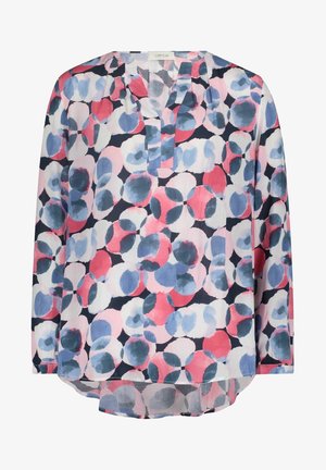 Blouse met lange mouwen met een meerkleurig abstract cirkelpatroon in tinten blauw, roze, wit en rood, met een gespleten halslijn.