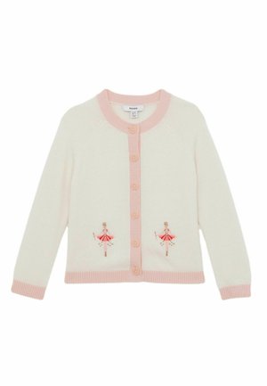 Cardigan blanc pour enfants avec une bordure rose, des boutons sur le devant, et deux ballerines brodées en tutu rose sur le bas devant.