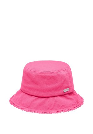 Roze stoffen emmerhoed met een gestructureerde afwerking. Heeft een rafelige rand en een klein metalen logolabel aan de zijkant.