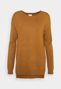 Långärmad tröja i senapsgul färg, tillverkad av stickad tyg. Har en bred rund halsringning och ribbade fållar. En enkel, avslappnad passform.