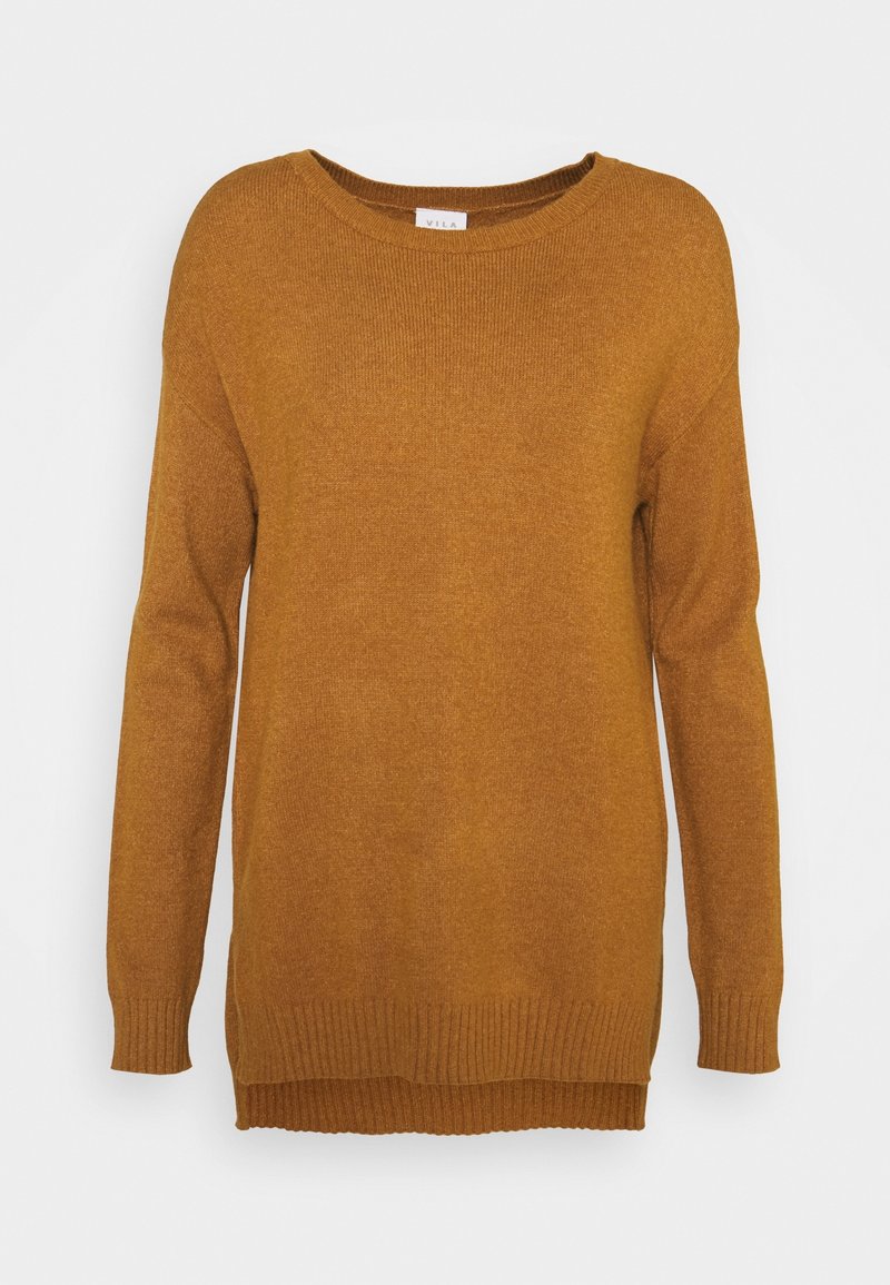 Långärmad tröja i senapsgul färg, tillverkad av stickad tyg. Har en bred rund halsringning och ribbade fållar. En enkel, avslappnad passform.