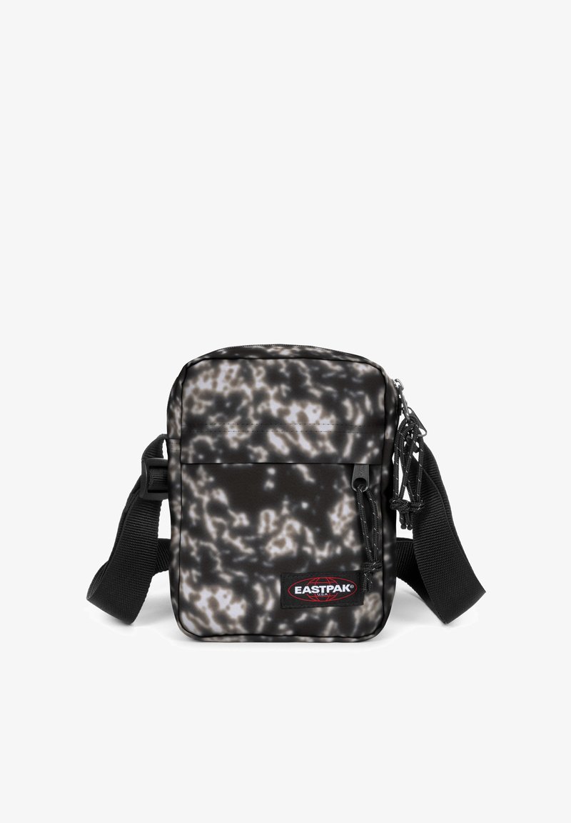 Borsa a spalla a motivo nero e grigio con finitura liscia, tracolla regolabile, tasca frontale e patch del marchio. Design testurizzato con cerniere.