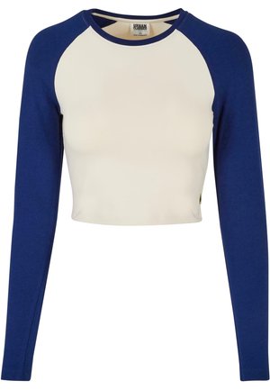 Langærmet cropped skjorte med hvid krop og mørkeblå raglanærmer og krave, størrelse XS fra Urban Classics.