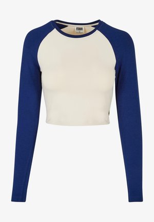 Krótka koszulka z długim rękawem, białym tułowiem i ciemnoniebieskimi rękawami typu raglan oraz kołnierzem, rozmiar XS od Urban Classics.