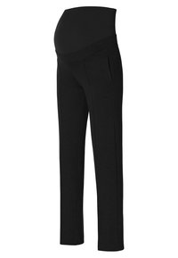 Zwarte zwangerschapsbroek met een rekbare tailleband, slim fit, zijzakken en een gladde textuur, geschikt voor comfort tijdens de zwangerschap.