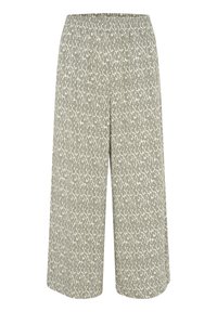 Wijduitlopende broek in een lichtgrijze stof met een contrasterend créme abstract patroon; elastische tailleband; soepele textuur; volledige lengte.