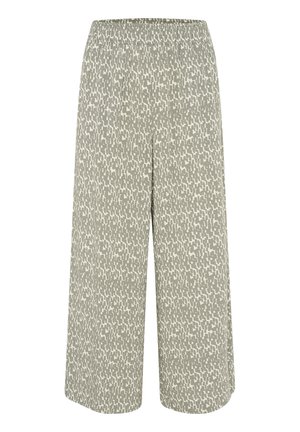 Wide-leg trousers in a light grey fabric with a contrasting cream abstract pattern; elastic waistband; smooth texture; full-length cut.