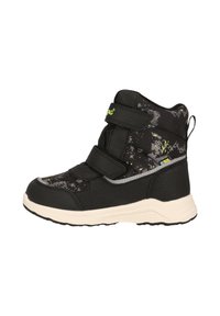 Schwarze wasserdichte Stiefel mit grauem Camouflage-Muster, doppelten Klettverschlüssen, Gummisohle und Zuglasche. Verfügt über ein strukturiertes Obermaterial und reflektierende Akzente.