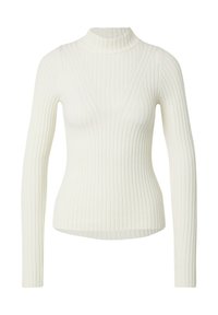 Weißer, gerippter Pullover mit langen Ärmeln und hohem Kragen. Besitzt ein tailliertes Design und ein V-förmiges Vorderdetail. Weiche Textilstruktur.