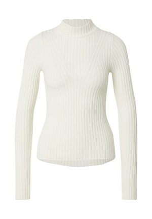 Weißer, gerippter Pullover mit langen Ärmeln und hohem Kragen. Besitzt ein tailliertes Design und ein V-förmiges Vorderdetail. Weiche Textilstruktur.