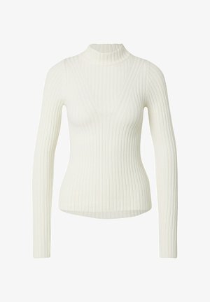 White ribbed sweater with long sleeves and a high neckline. Features a fitted design and V-shaped front detail. Soft textile texture.