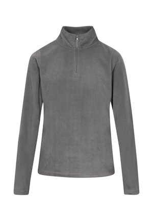 Harmaa fleece-poolopaita, jossa on neljänneksen vetoketju, pitkät hihat ja pehmeä rakenne. Yksinkertainen muotoilu ilman näkyviä kuvioita tai tarvikkeita.