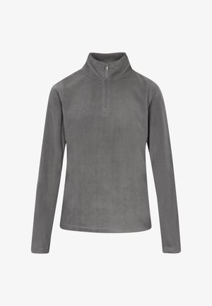 Sivi flis pulover s četvrtim patentnim zatvaračem, dugim rukavima i mekanim teksturom. Bez posebnih detalja, bez vidljivih uzoraka ili dodataka.