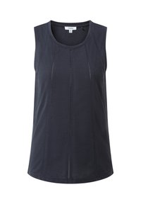 Navy blue sleeveless top made from soft fabric, featuring vertical stitching details and a round neckline. Smooth texture, regular fit.
