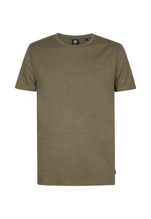 T-shirt a maniche corte verde oliva in tessuto strutturato con scollo rotondo e piccolo logo sulla parte sinistra del petto.