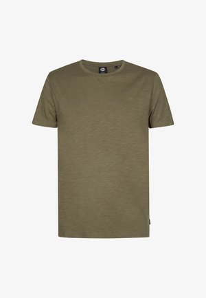 Olivengrøn kortærmet t-shirt lavet af struktureret stof med rund hals og et lille logodetalje på venstre bryst.