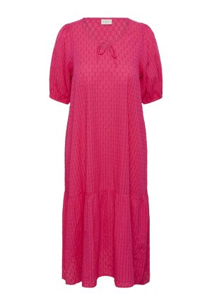 Rochie midi roz aprins cu mâneci scurte bufante, material texturat, decolteu rotund și un mic detaliu cu funda în față.