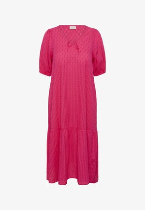 Rochie midi roz aprins cu mâneci scurte bufante, material texturat, decolteu rotund și un mic detaliu cu funda în față.