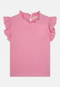 Rosa kortermet bluse med volanger, laget av teksturert stoff. Har en volangkrage og en løkkeåpning bak.
