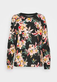 Bloemen-sweatshirt met een zwarte achtergrond, levendige roze en gele bloemen, een ronde hals en lange raglanmouwen. Zachte stofafwerking.