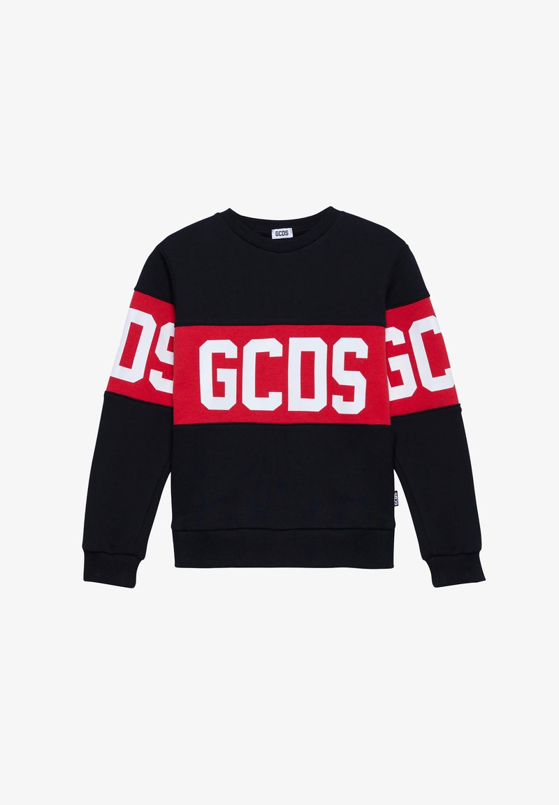 Schwarzer Baumwoll-Sweatshirt mit auffälligen roten und weißen horizontalen Streifen und "GCDS"-Logo. Gerippter Rundhalsausschnitt und Bündchen. Glatte Textur.