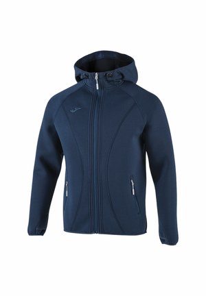 Sweat à capuche zippé bleu marine avec poches avant, capuche ajustable avec cordon et manches longues, présenté sur fond blanc.