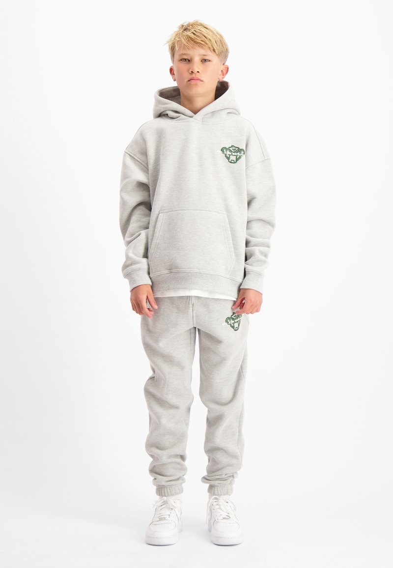 Grijze hoodie met een voorzak en groen logo, gecombineerd met bijpassende grijze joggingbroek met hetzelfde logo, gedragen met witte sneakers.