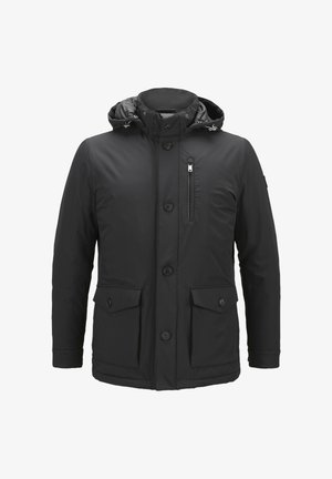 Black insulated jacket with a hood, featuring a zippered chest pocket, four front pockets, and button closure. Smooth fabric and cropped design.