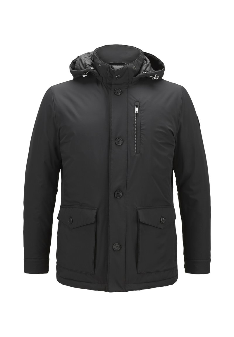 Schwarze isolierte Jacke mit Kapuze, ausgestattet mit einer Reißverschluss-Brusttasche, vier Fronttaschen und Knopfverschluss. Glattes Material und cropped Design.