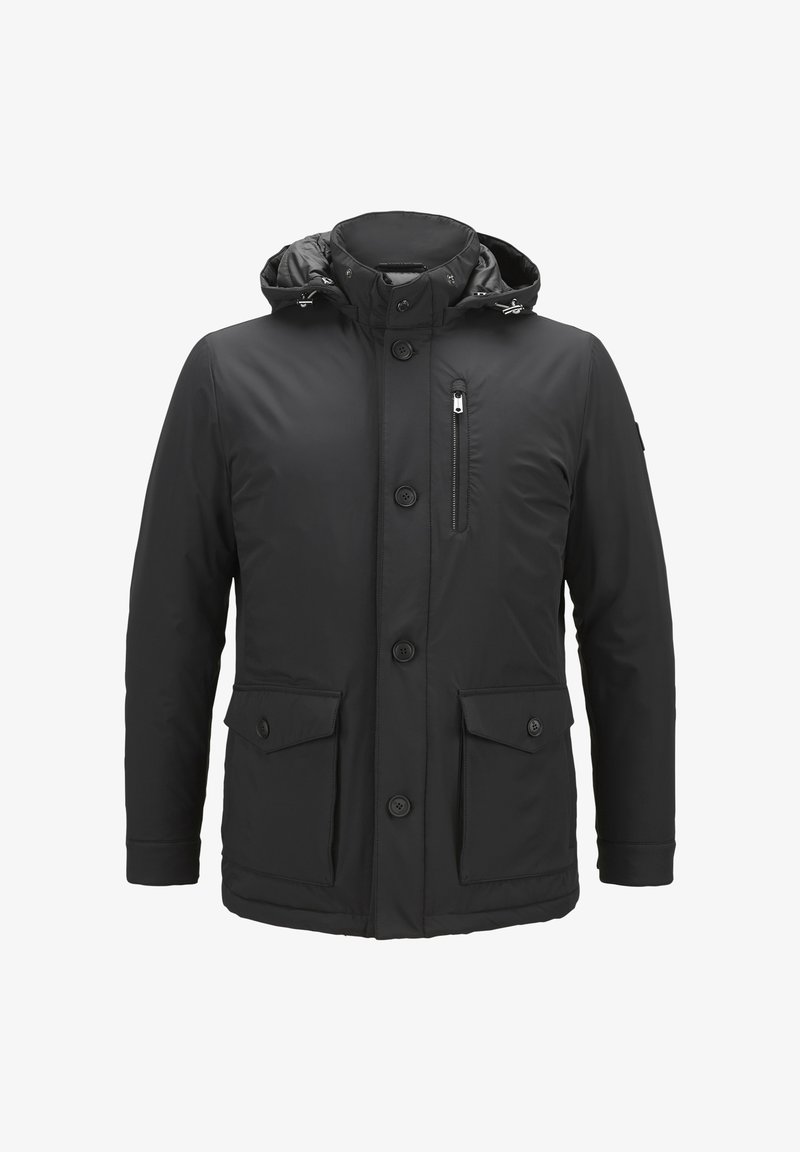 Schwarze isolierte Jacke mit Kapuze, ausgestattet mit einer Reißverschluss-Brusttasche, vier Fronttaschen und Knopfverschluss. Glattes Material und cropped Design.