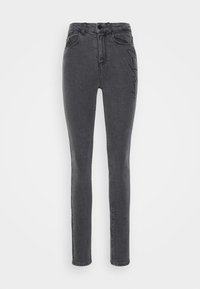 Jean skinny noir à taille haute, confectionné en tissu denim. Présente une fermeture boutonnée à l'avant et un logo latéral. Texture lisse.