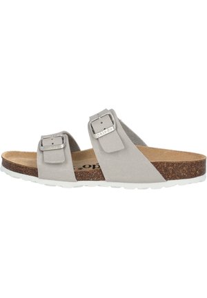 Gray two-strap sandals with silver buckles, cork footbed, textured surface, and white rubber sole. Casual, slip-on design for comfort.