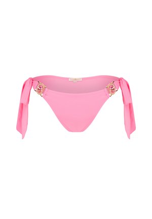 Bas de bikini rose avec liens sur les côtés, présentant une quincaillerie circulaire décorative avec un détail en gemme d'un côté. Matériau lisse et extensible.