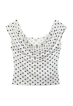 Biały, bezrękawnik z szerokim dekoltem i czarnymi kropkami, ułożony płasko na białym tle.
