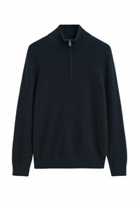 Dunkelblauer Pullover mit hohem Kragen, verfügt über einen Viertel-Reißverschluss, gestrickte Textur sowie gerippte Bündchen und Saum für zusätzliche Details.