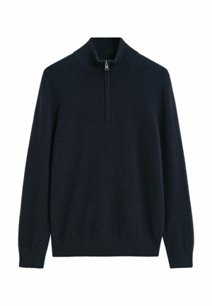 Dunkelblauer Pullover mit hohem Kragen, verfügt über einen Viertel-Reißverschluss, gestrickte Textur sowie gerippte Bündchen und Saum für zusätzliche Details.