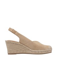 Beige espadrille wedge sandaalit, joissa on slingback-suunnittelu, teksturoitu kankainen yläosa ja punottuja jute-p yksityiskohtia korkean kantapään osassa.