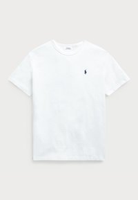 Vit bomullst-shirt med rund hals och korta ärmar, med en liten marinblå logotyp på vänster bröst.