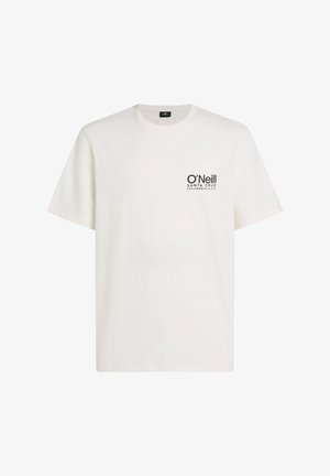 Valge puuvillane T-särk lühikeste varrukatega, millel on must trükitud logo vasakul rinnal, ümmargune kaelus ja lõdva istuvusega.