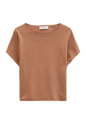 T-shirt en coton Marc O'Polo marron clair à manches courtes avec col rond, sans motifs ni logos visibles.