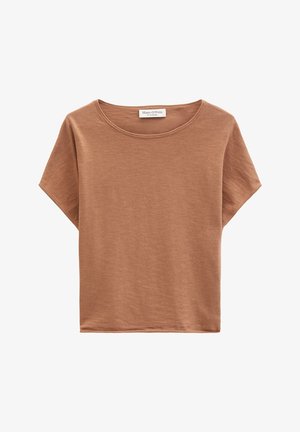 T-shirt en coton Marc O'Polo marron clair à manches courtes avec col rond, sans motifs ni logos visibles.